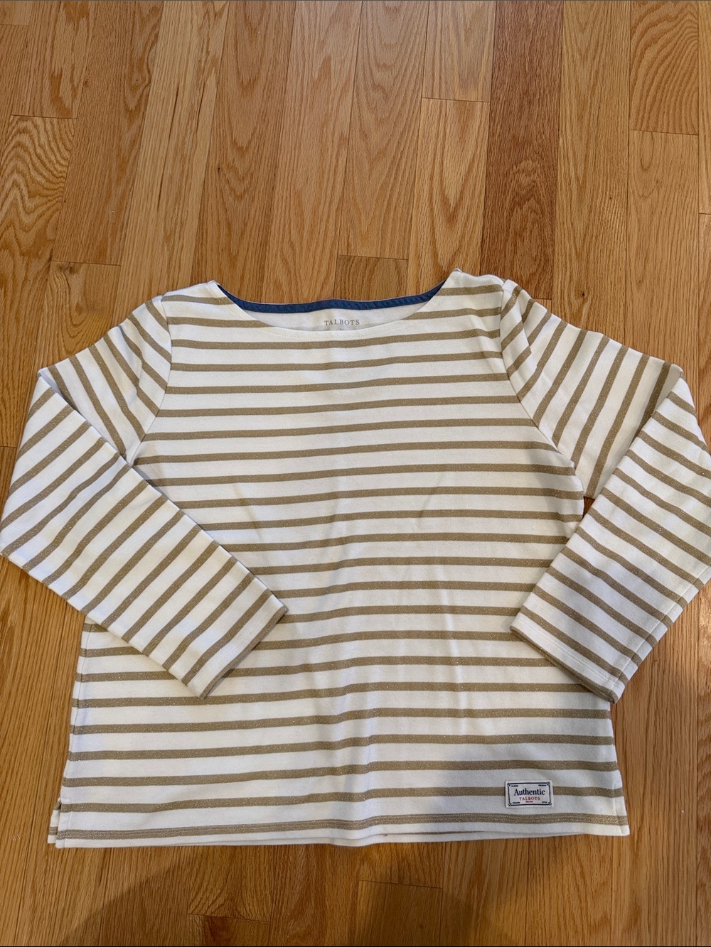 Talbots Cream and Gold Striped Long Sleeve Tee